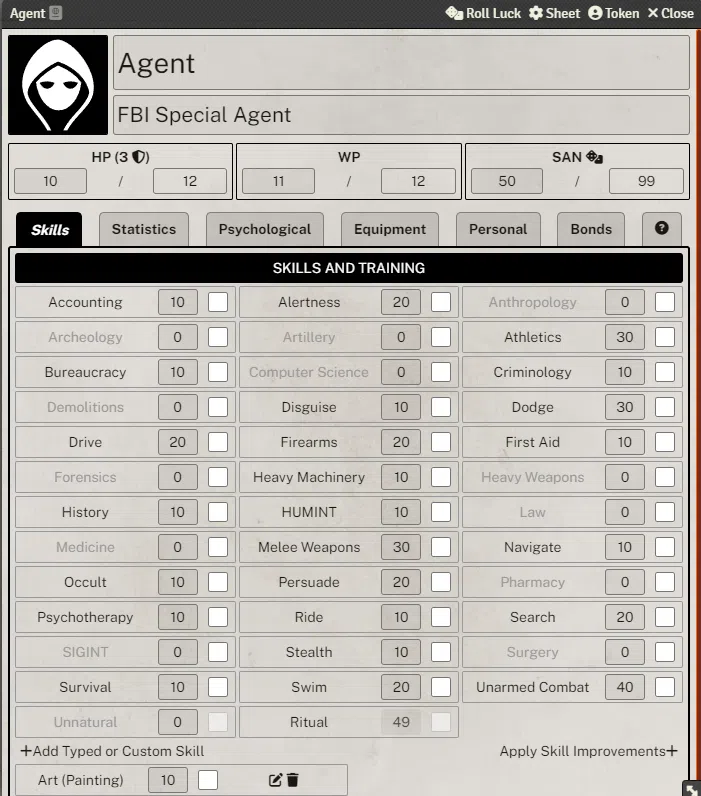 Character Sheet Skills Section Screenshot